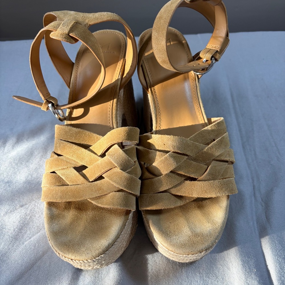 Marc Fisher LTD Tan Suede Espadrille Platform Sandals Woven Block Heel Womens 9M